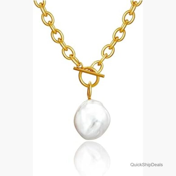 18K Gold Plated Pearl Pendant Necklace with Toggle Clasp